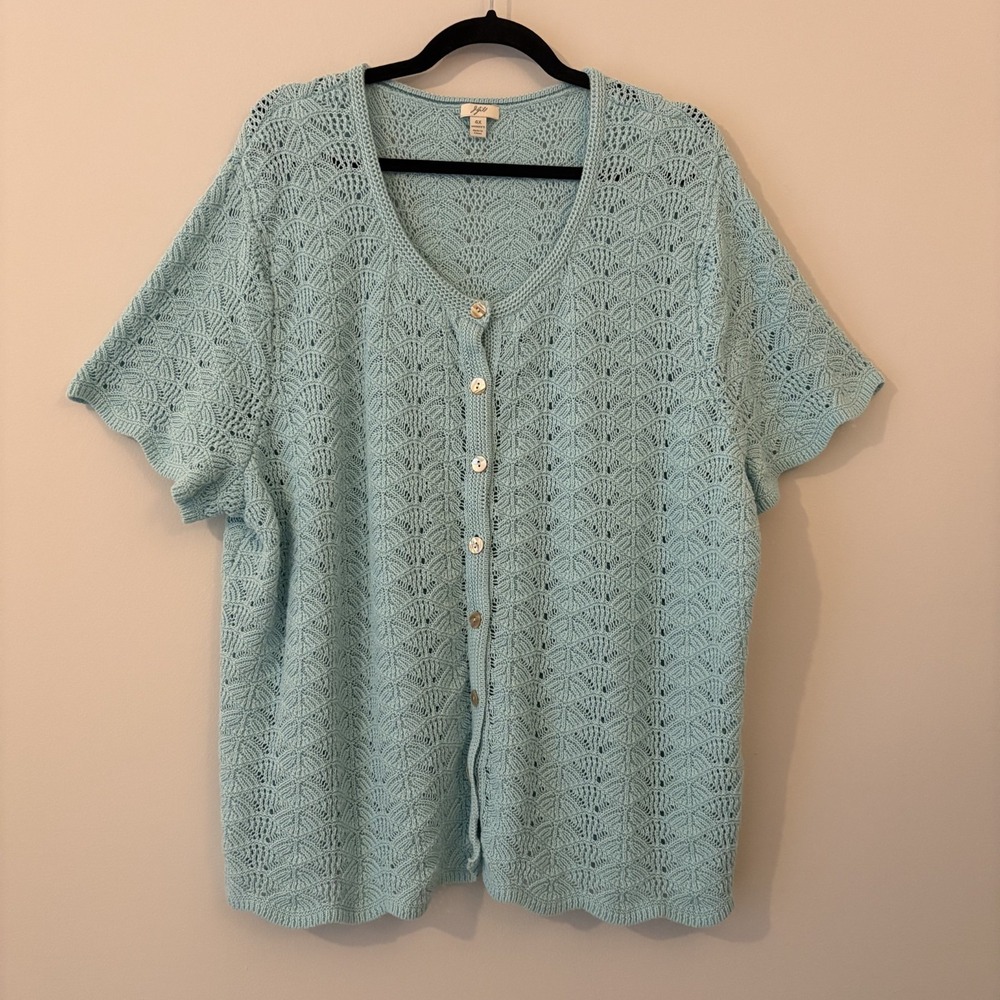 J Jill Linen Cotton Crochet Button Up Top Blue 4X Coastal Cottage Boho Scallop